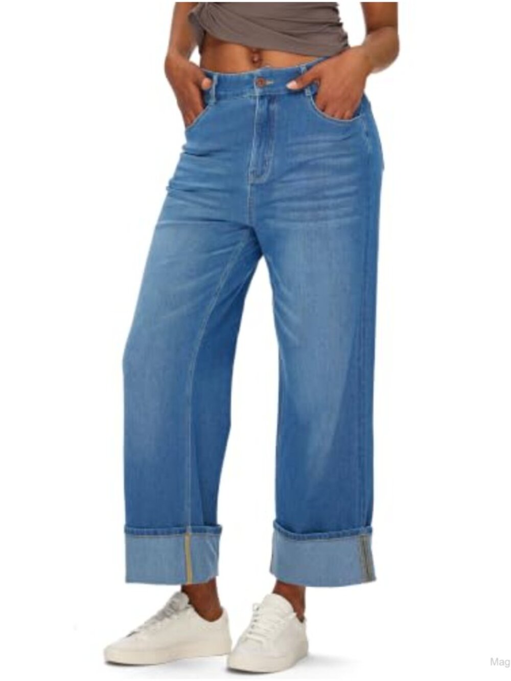 Wide Leg Cropped Cuffed Jeans High Waisted Stretchy Knit Denim
